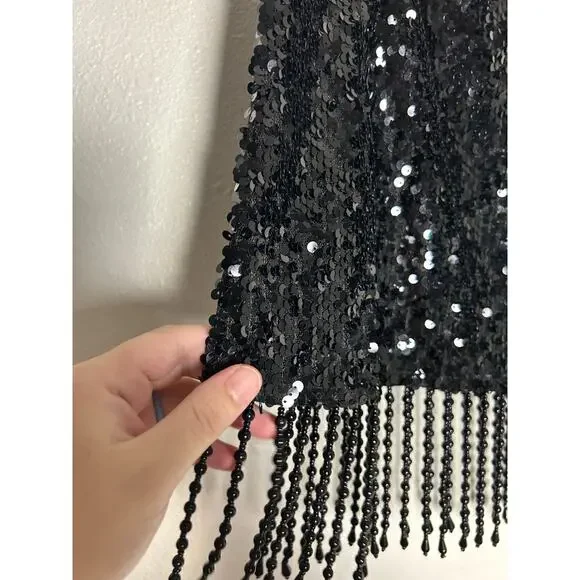 Reformation Black Martina Showgirl Sequin Mini Beaded Fringe Womens Skirt Size 2 - Picture 2 of 8